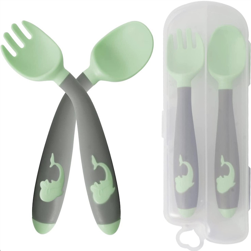 Baby Twist Spoon Fork Set with Travel Case Easy Grip Bendable Toddler Training Set Mint Green